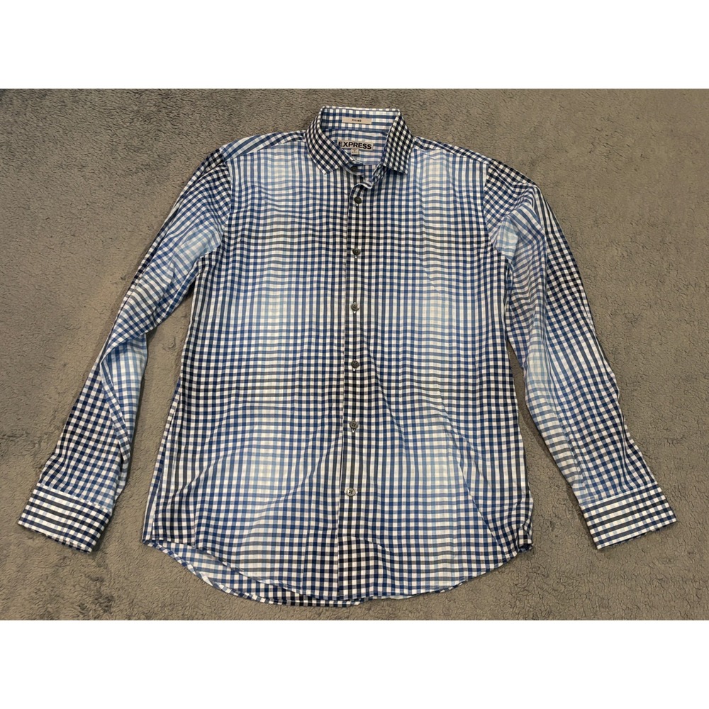 Express Mens Fitted Gingham Long Sleeve Button Down Shirt Blue White Size M